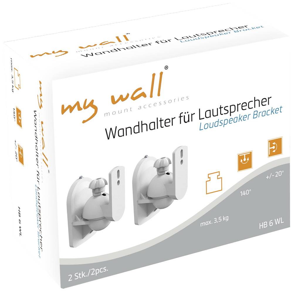 Wandhalter für Lautsprecher, abgebildet in Verpackung mit Spezifikationen: max. 3,5 kg Tragkraft, neigbar 0°/+20°, zwei Halterungen enthalten.