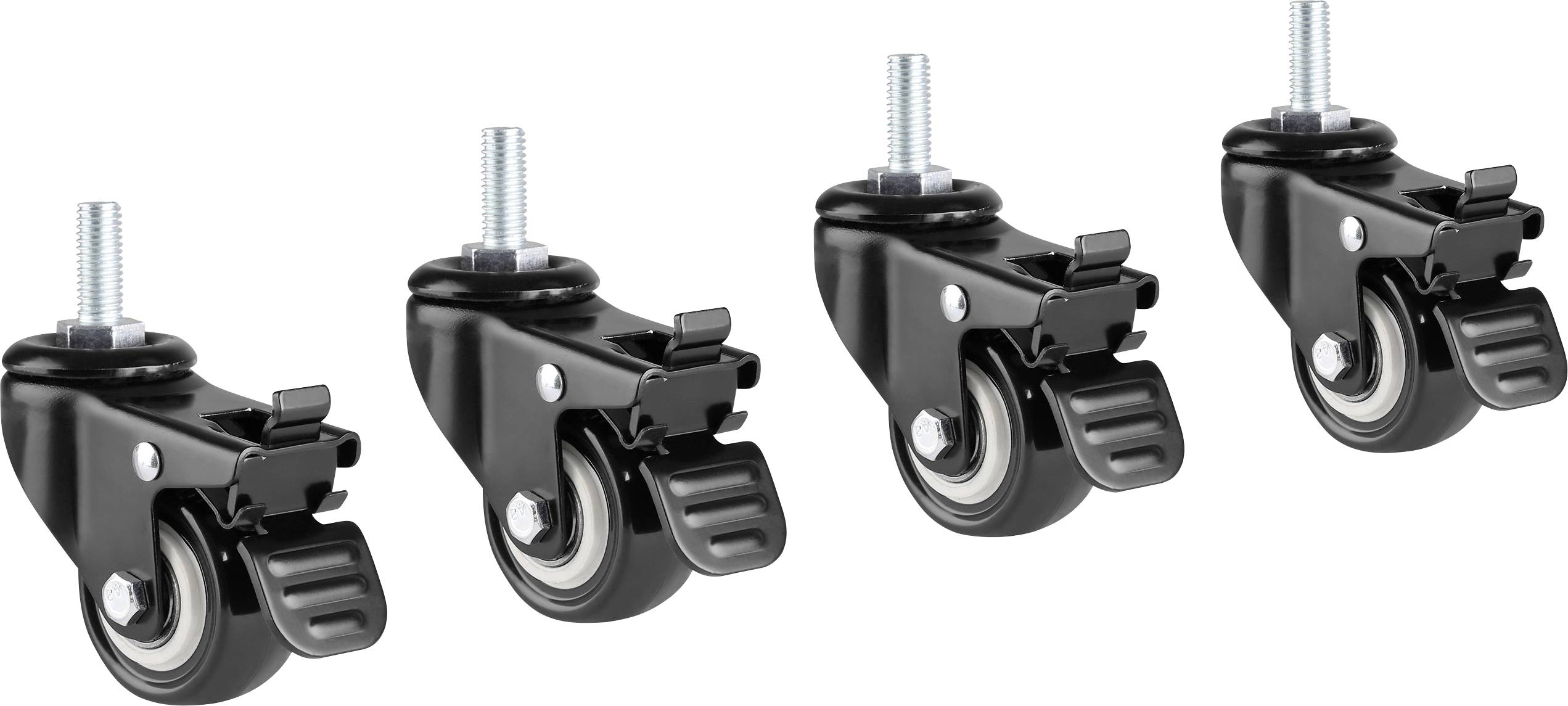 Vier schwarze, feststellbare Lenkrollen mit Schraubgewinde. Ideal für Möbel oder Geräte, die Beweglichkeit erfordern.
