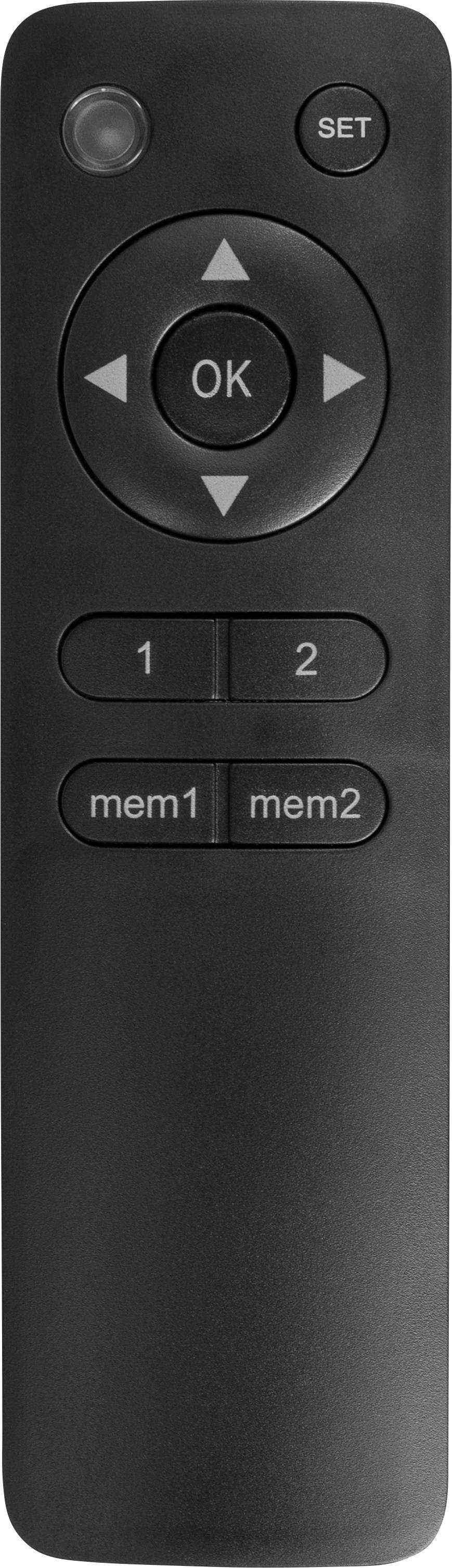 Schwarze Fernbedienung mit Tasten: OK, vier Richtungspfeilen, SET, 1, 2, 'mem1', 'mem2'.