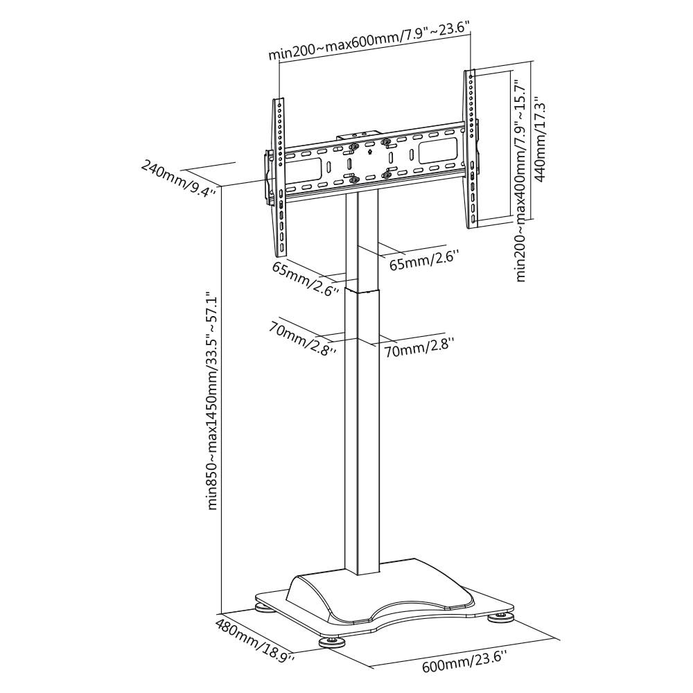 TV-Ständer-Diagramm mit Abmessungen: Höhe 135–145 cm, Sockelbreite 60 cm, VESA-Halterung min. 20–max. 60 cm Breite und 20–40 cm Höhe.