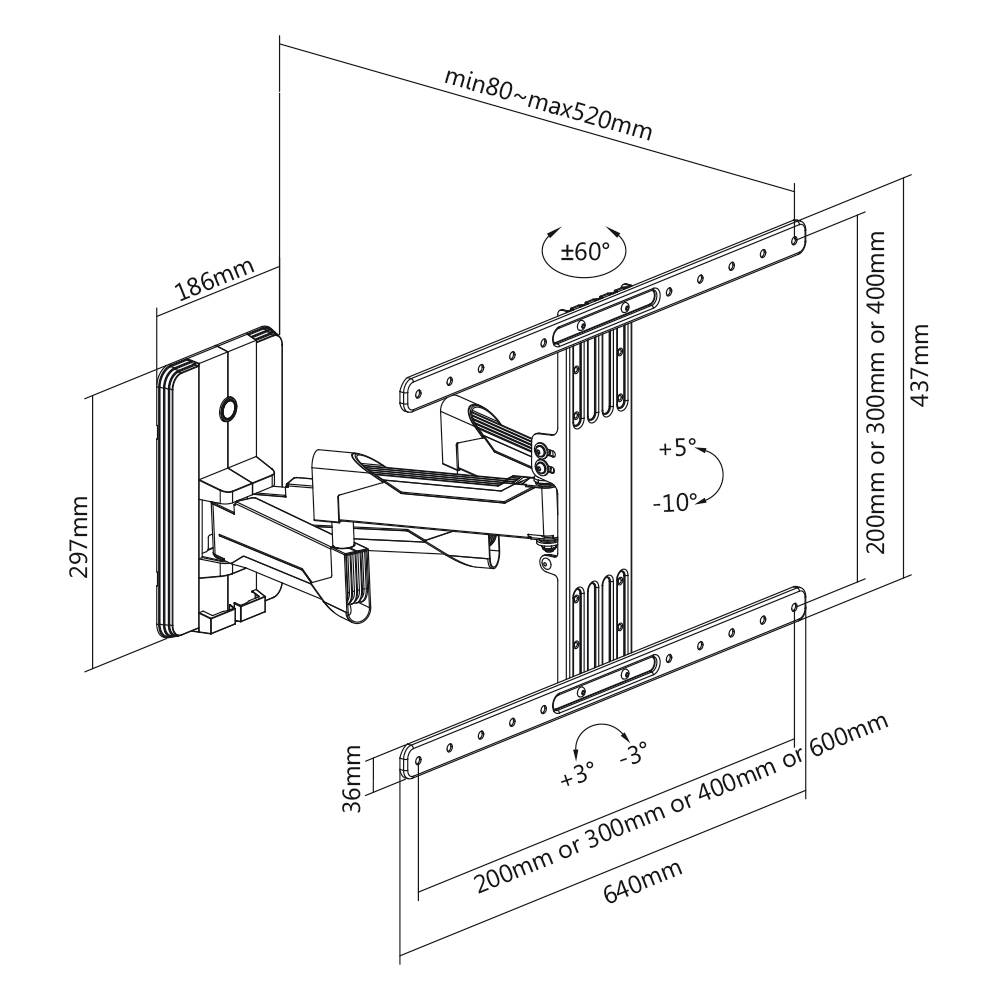 Diagramm einer verstellbaren Wandhalterung für Flachbildfernseher. Zeigt Abmessungen und Neigungswinkel von ±5° sowie Drehung von ±60°.