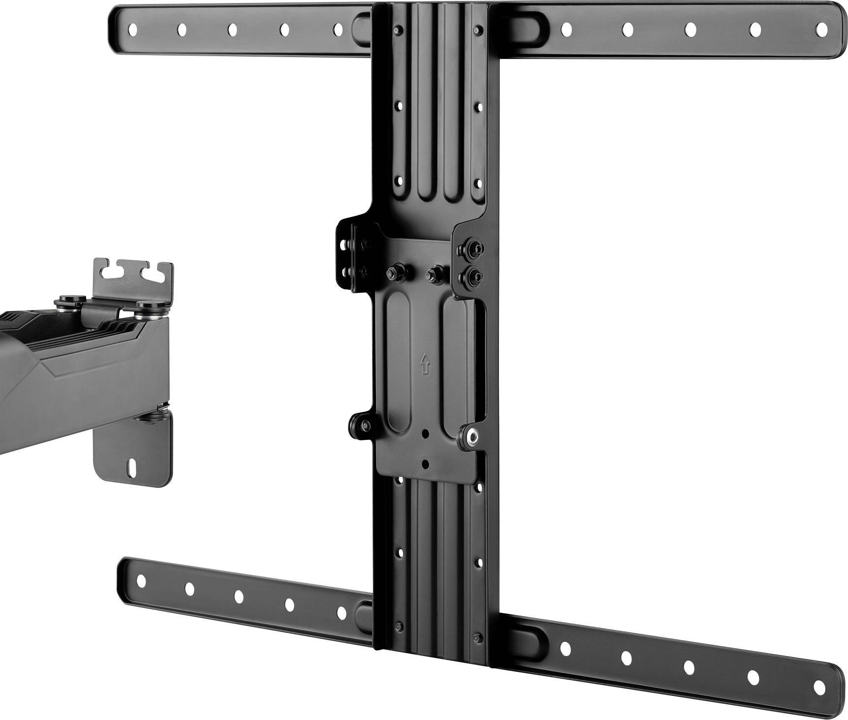 Halterung für Wandmontage eines Fernsehers, schwarz, aus Metall. Enthält beweglichen Arm für flexible Bildschirmpositionierung.