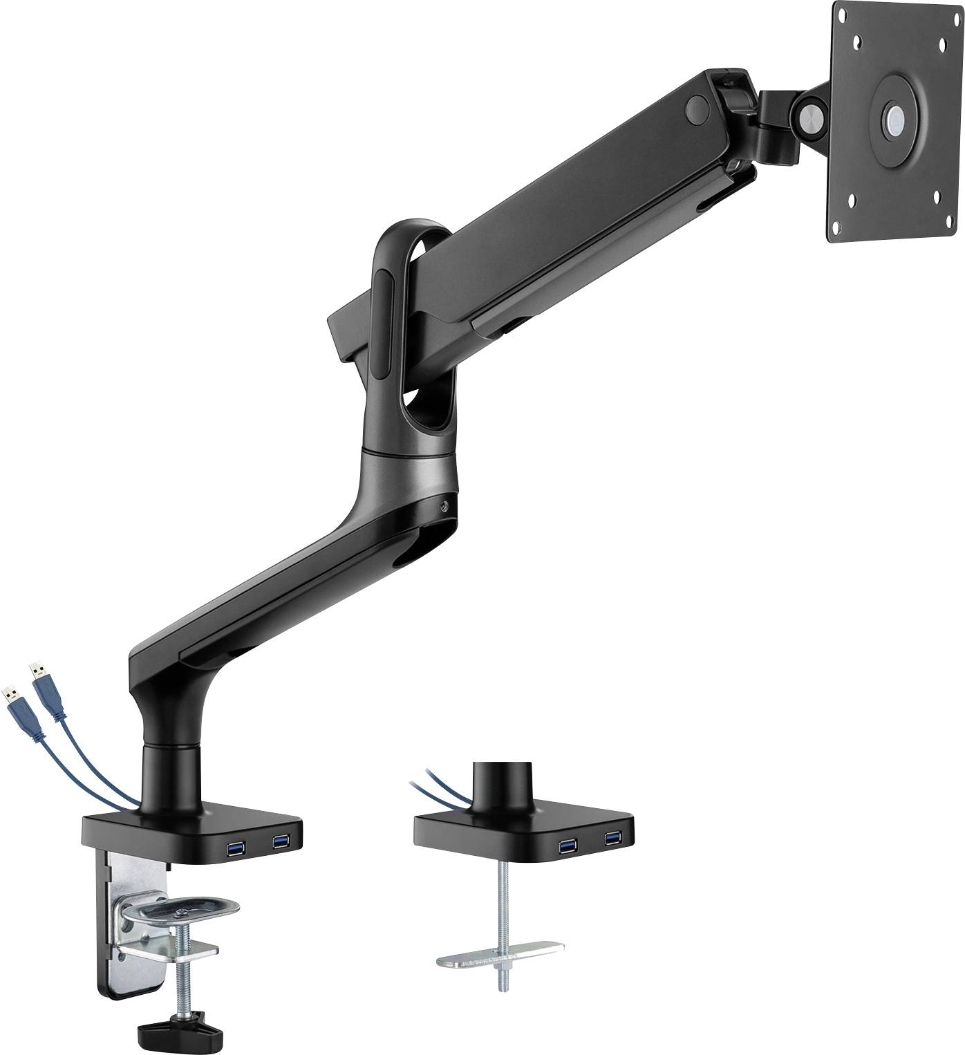 Schwarzer Monitorarm mit flexiblem Gelenk für Schreibtischmontage, USB-Anschlüsse integriert. Geeignet für ergonomische Bildschirmaufstellung.