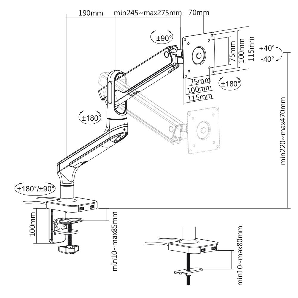 Eine technische Zeichnung eines verstellbaren Monitorarms mit Maßen: 190 mm Armlänge, 10-85 mm Klemmbereich, 220-470 mm Höhe.
