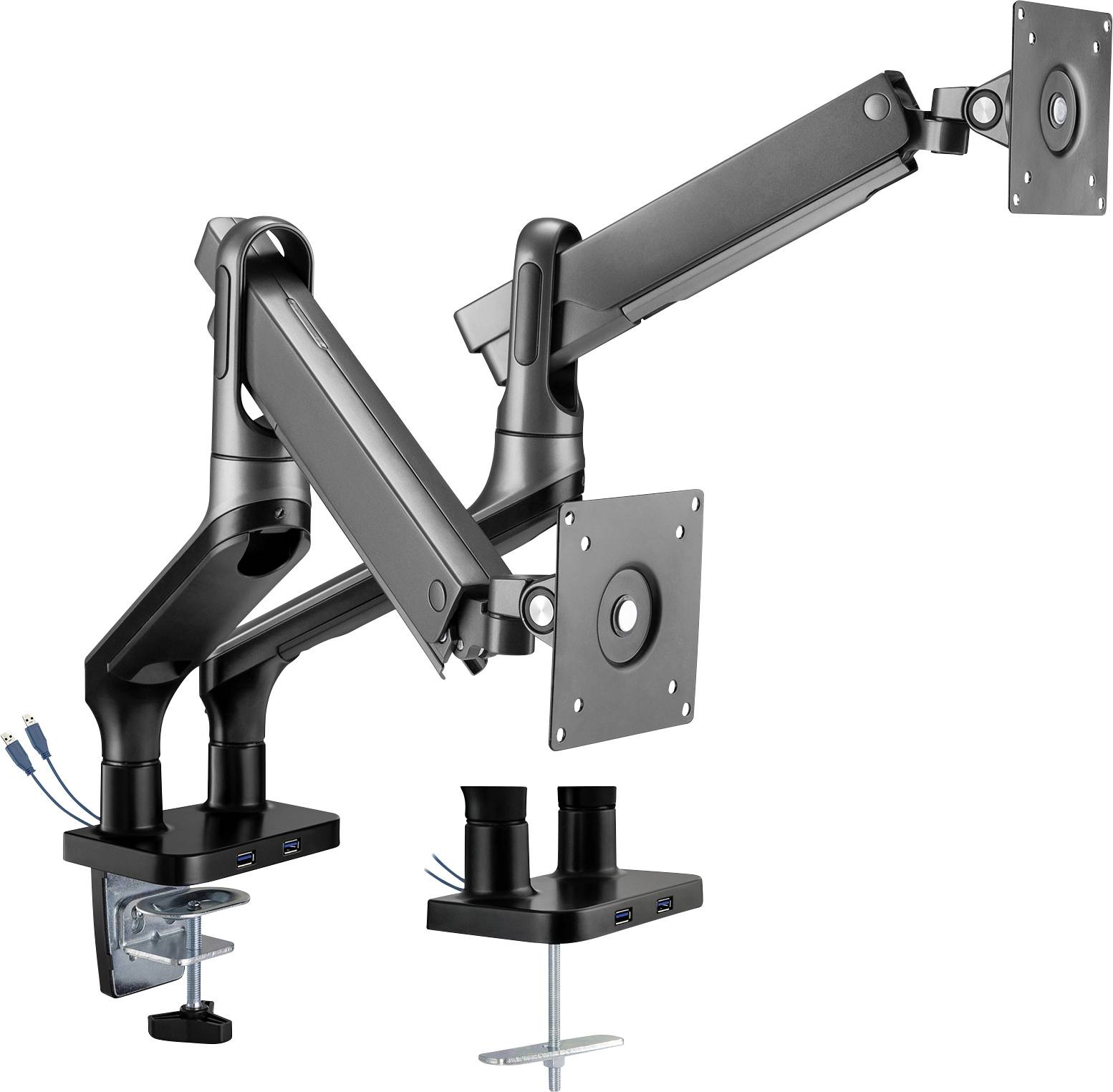 Höhenverstellbare Doppel-Monitorhalterung aus Aluminium, schwarzer Arm mit USB-Anschlüssen, geeignet für zwei Bildschirme.
