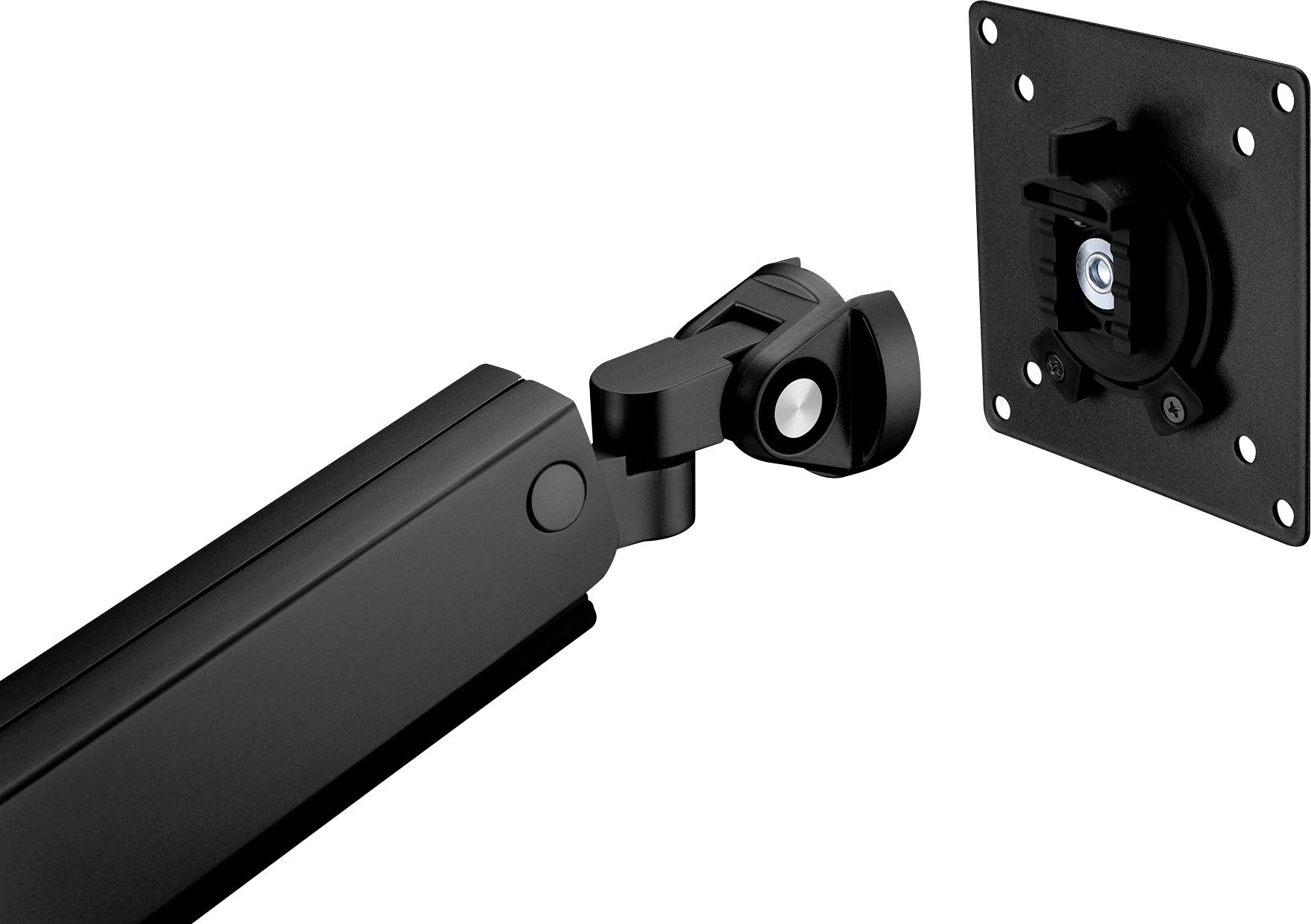 Schwarzer Bildschirmhalterarm mit Gelenk, montierbar an einer Wandplate. Adapter für Monitorbefestigung ersichtlich.