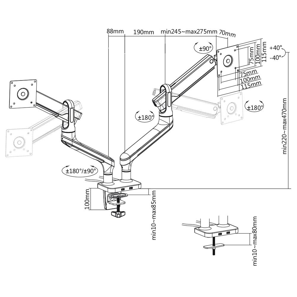 Montagezeichnung eines Monitorarms mit verstellbaren Gelenken. Maße der Elemente sind angegeben, inklusive Neigungs- und Rotationswinkel.