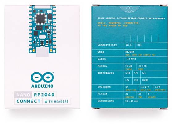 'Zwei Verpackungen des Arduino Nano RP2040 Connect' zeigen technische Details wie Wi-Fi, BLE, Mikrocontroller-Chip, und verschiedene Schnittstellen.