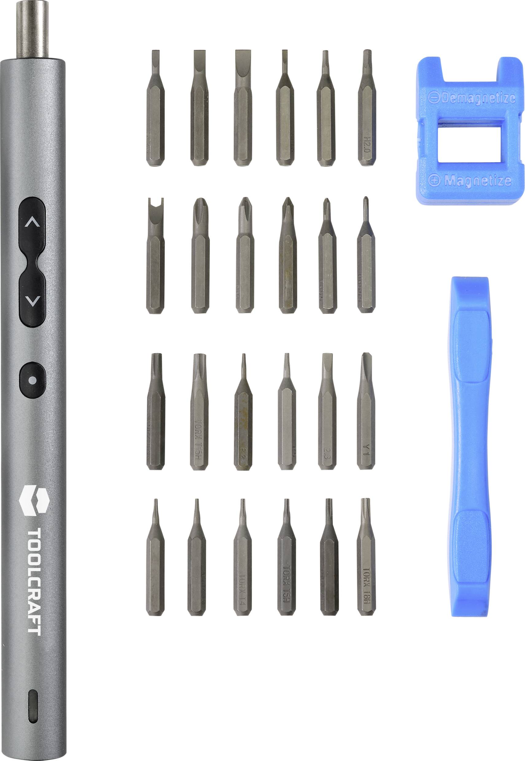 Elektrischer Schraubendreher mit 20 auswechselbaren Bits, Entmagnetisierer, Magnetisierer und Kunststoffhebelwerkzeug.