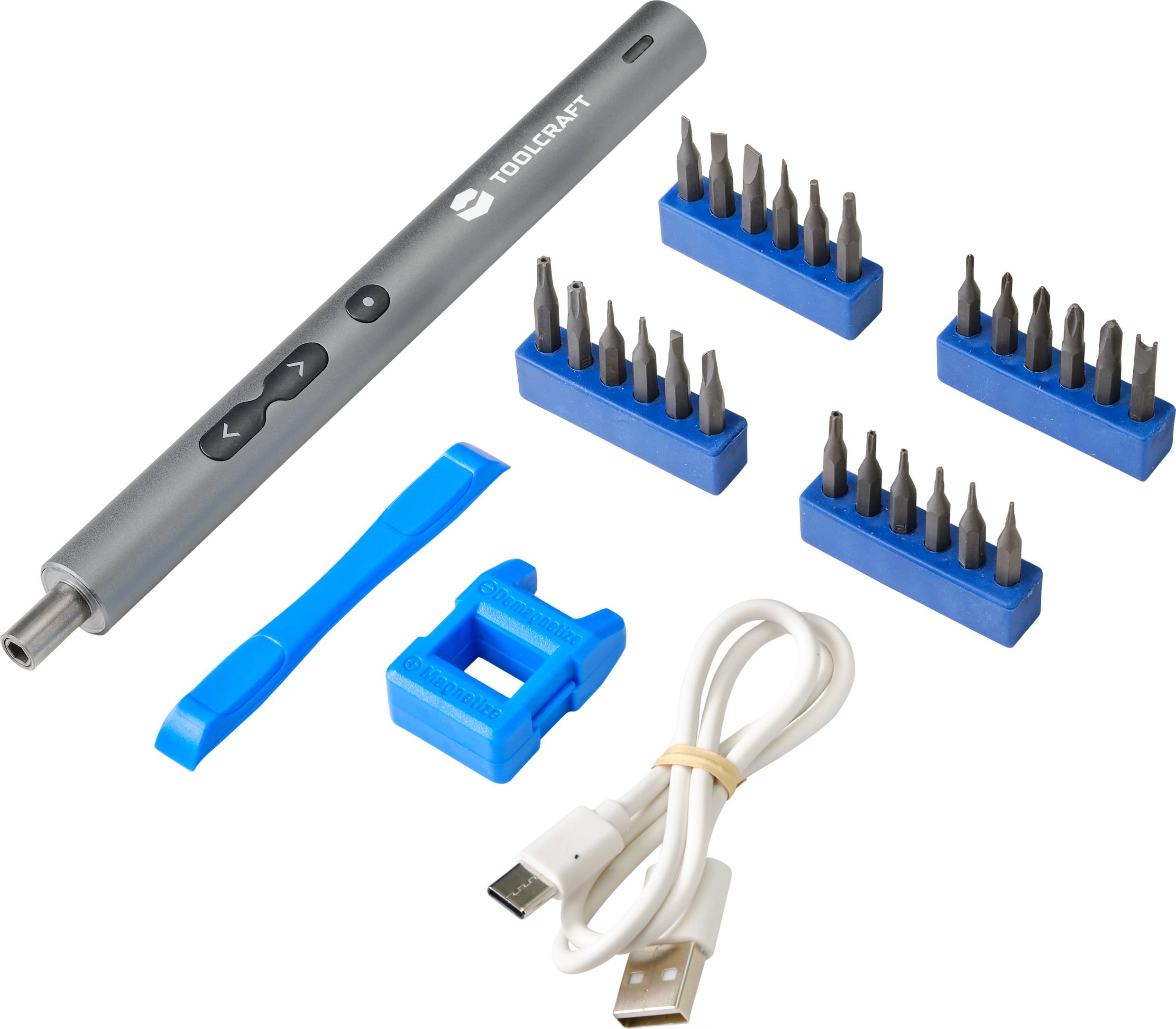 Elektrischer Schraubendreher-Satz mit mehreren auswechselbaren Bits, USB-Ladekabel und Kunststoffwerkzeug, ausgelegt für Reparaturen und Montagearbeiten.