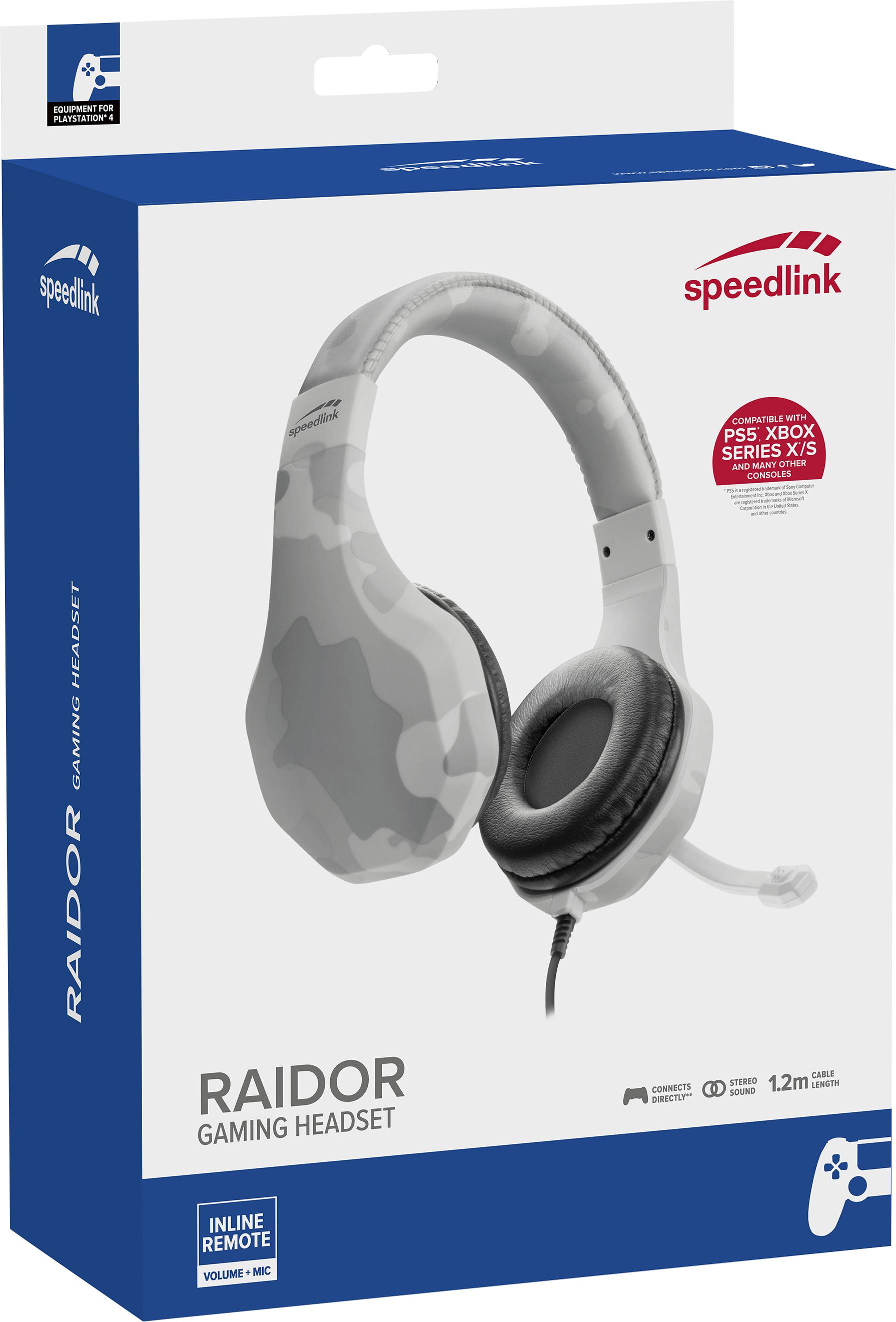 SpeedLink RAIDOR Over Ear Headset kabelgebunden Stereo Camouflage, Weiß Fernbedienung, Lautstärkeregelung, Mikrofon-Stummschaltung Gaming