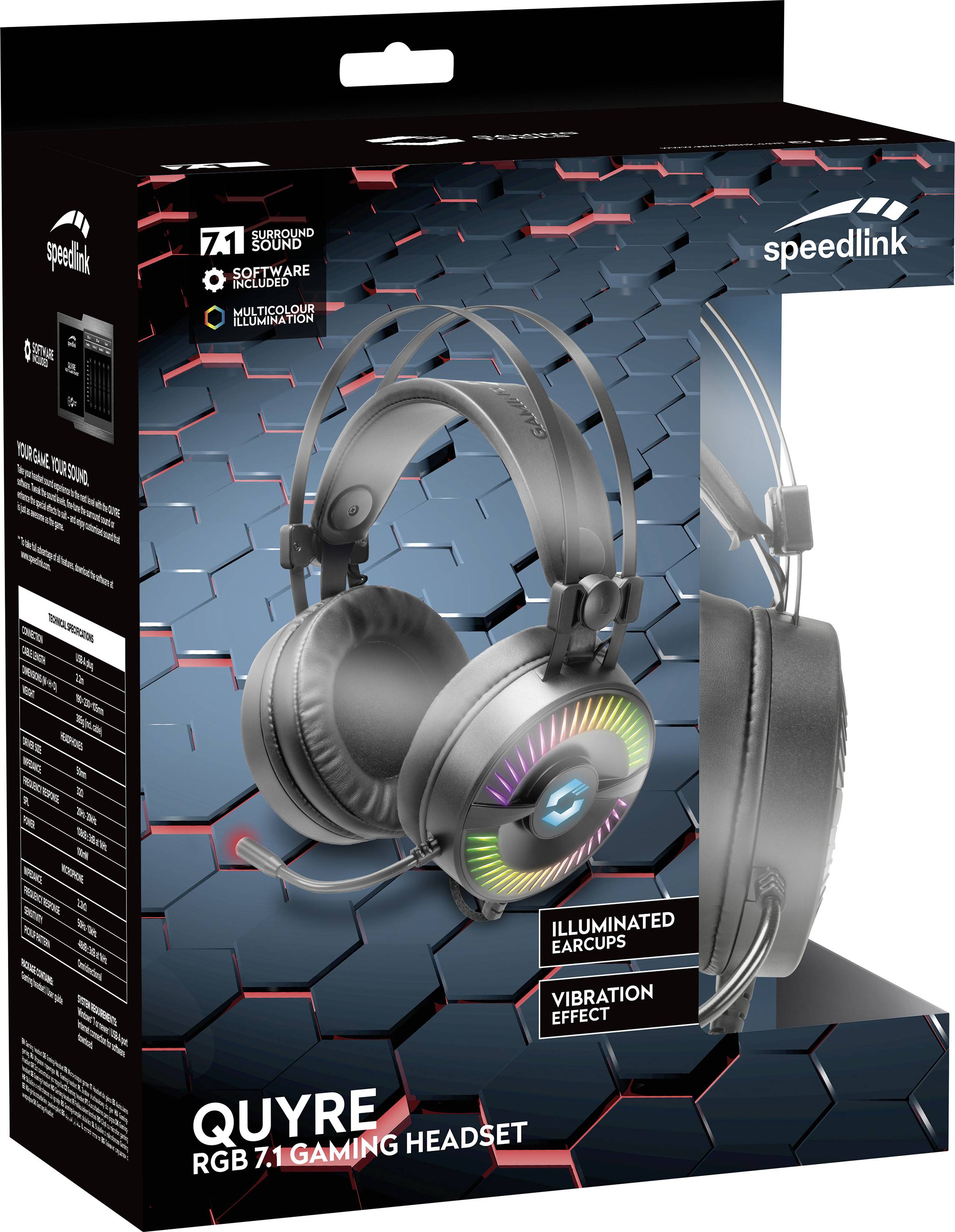 SpeedLink QUYRE RGB 7.1 Over Ear Headset kabelgebunden 7.1 Surround Schwarz Lautstärkeregelung, Mikrofon-Stummschaltung, Vibrationsfunktion Gaming