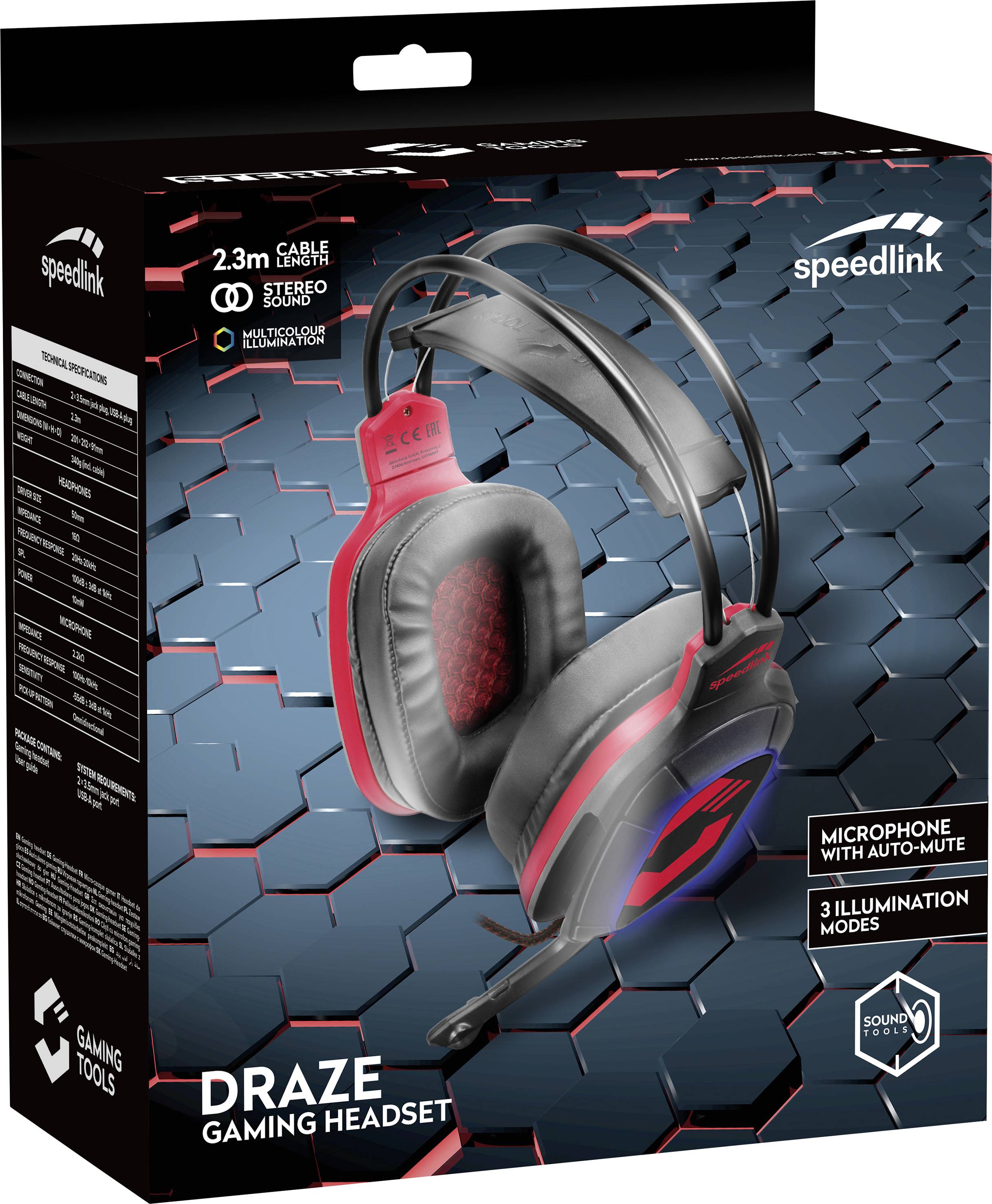 SpeedLink DRAZE Gaming Over Ear Headset kabelgebunden Stereo Schwarz/Rot Fernbedienung, Lautstärkeregelung