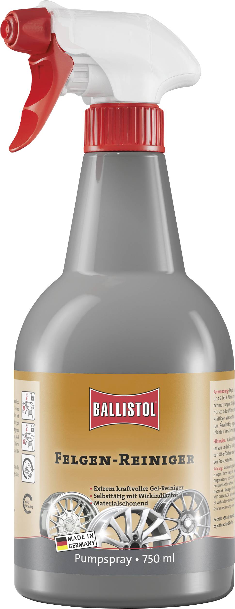 Eine Sprühflasche mit der Bezeichnung 'Ballistol Felgen-Reiniger' zeigt Grafiken von Autofelgen. Das Produkt ist ein Felgenreiniger mit einem Fassungsvermögen von 750 ml.