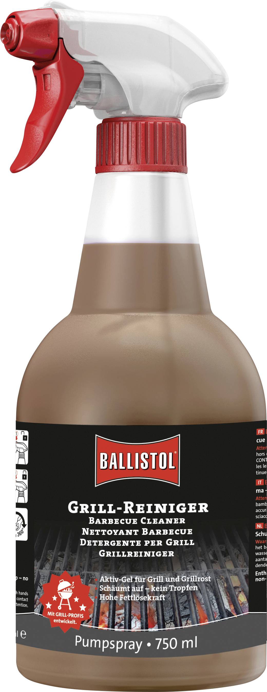 Eine braune Sprühflasche mit rotem Sprühkopf, etikettiert als Ballistol Grill-Reiniger für gründliche Reinigung von Grillrosten.