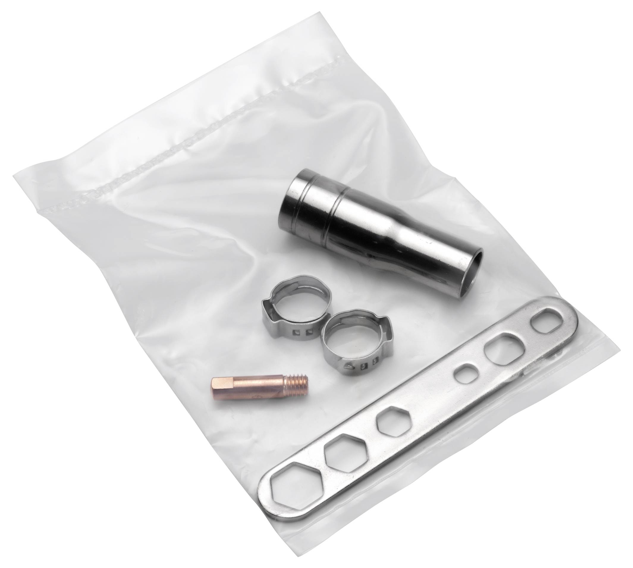 Metallrohr-Verbindungsset mit einem verchromten zylindrischen Teil, zwei Schlauchschellen, einem Kupferverbinder und einem Schlitzschraubendreher in einer durchsichtigen Plastiktüte.