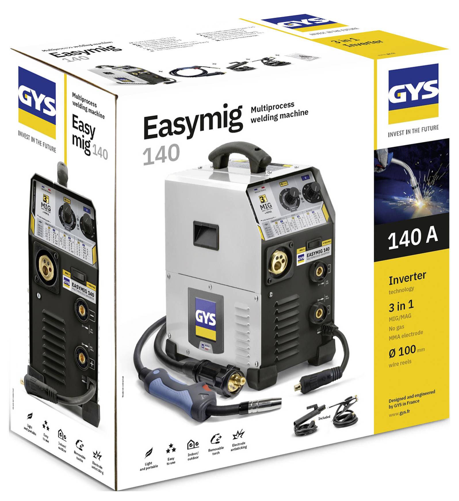 Produktbox für GYS Easymig 140 Multiprocess-Schweißmaschine, die den Schweißer und Zubehör mit 140 A Inverter und 3-in-1-Funktionen zeigt.