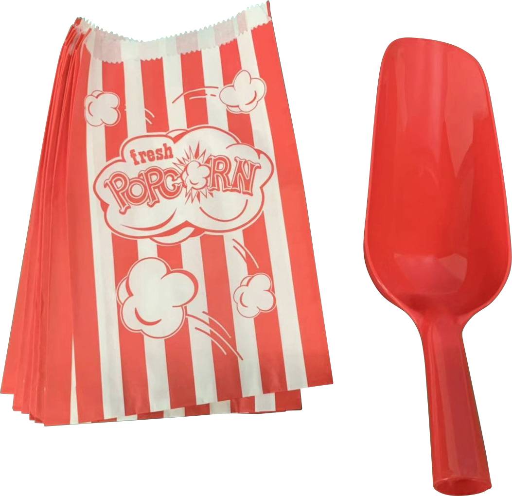 Rote Popcorntüten mit 'fresh Popcorn'-Design und eine rote Schaufel, geeignet für Unterhaltung oder Kinoveranstaltungen.