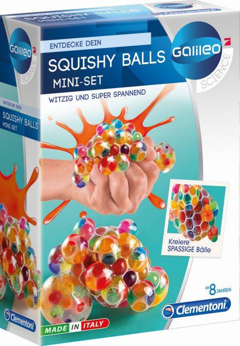 Eine Verpackung eines Squishy Balls Mini-Sets von Galileo Science. Enthält bunte, weiche Bälle zum Spielen, empfohlen ab 8 Jahren.