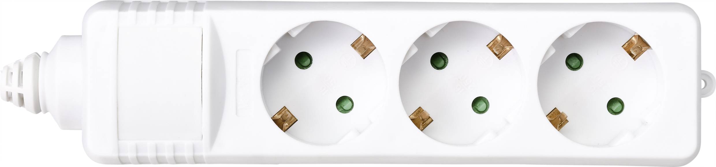 Dreifach-Steckdosenleiste mit weißem Gehäuse, geeignet für den Anschluss mehrerer elektrischer Geräte.
