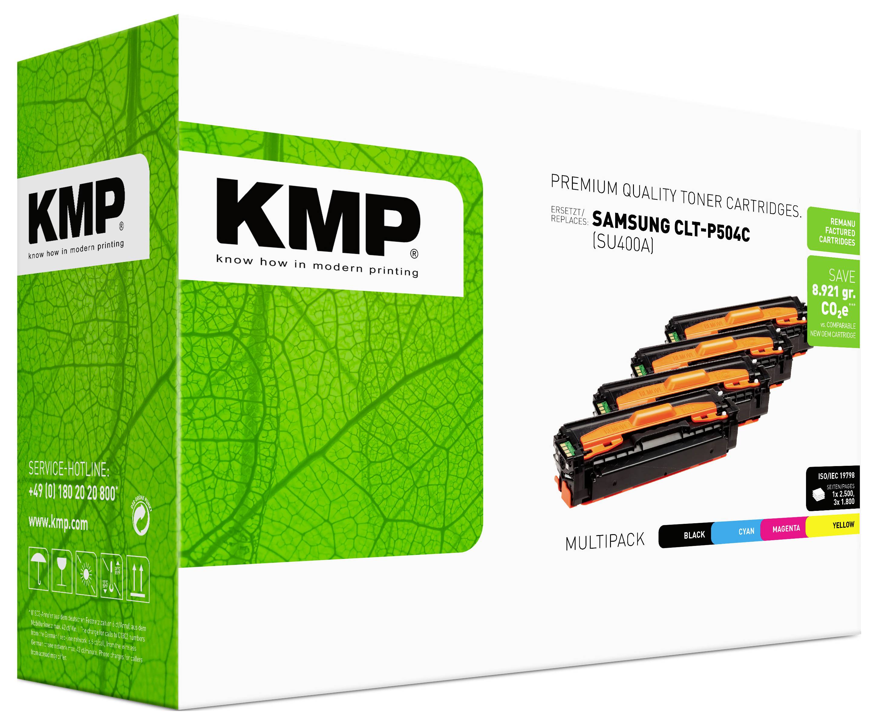 KMP-Toner-Patronen in Premium-Qualität, Multipack für Samsung-CLT-P504C-Drucker, abgebildet auf einer grün-weißen Produktbox mit vier Toner-Patronen.