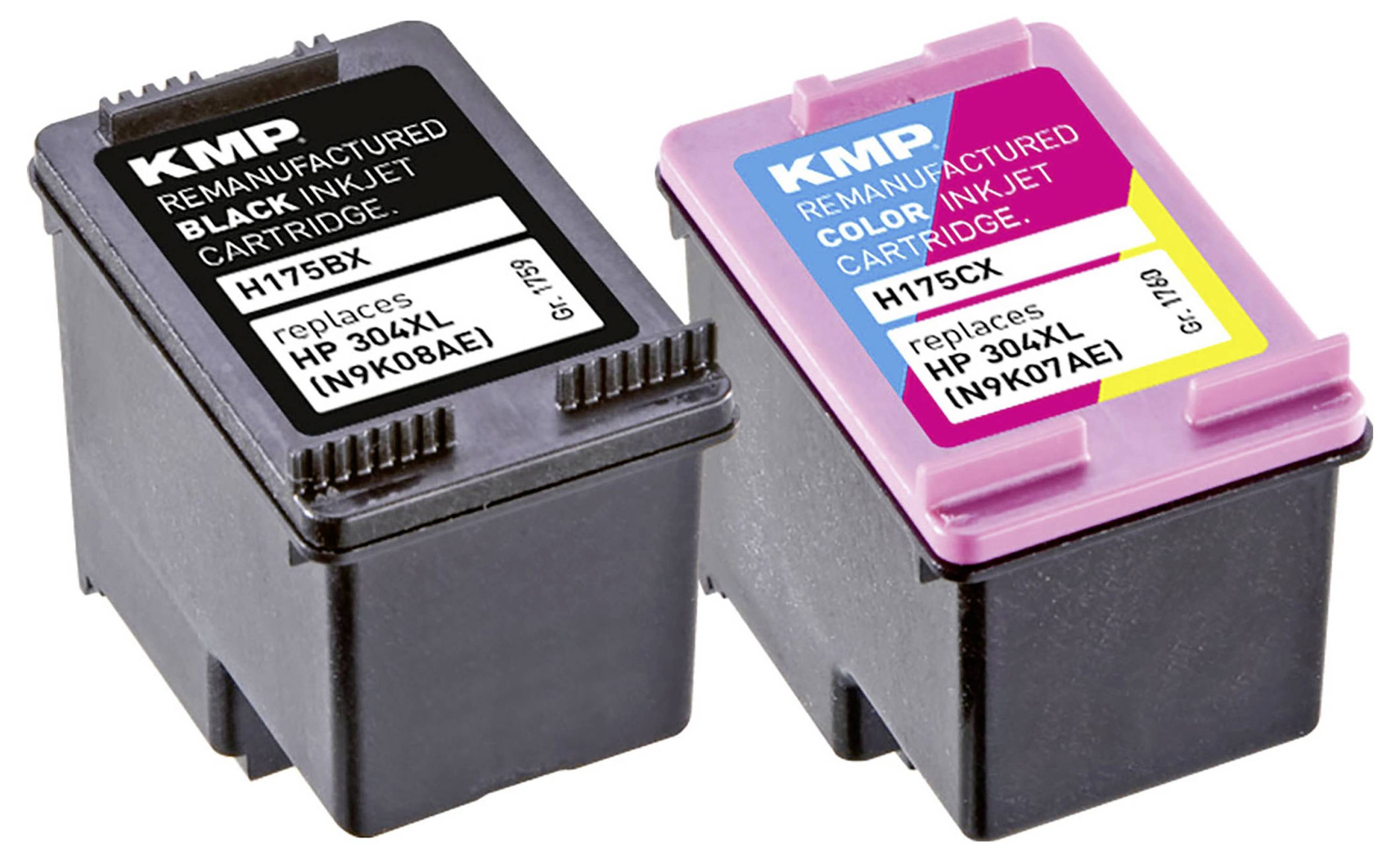 Schwarze und farbige Tintenpatronen mit der Bezeichnung 'KMP', die Modellnummern und Ersatzkompatibilität anzeigen.