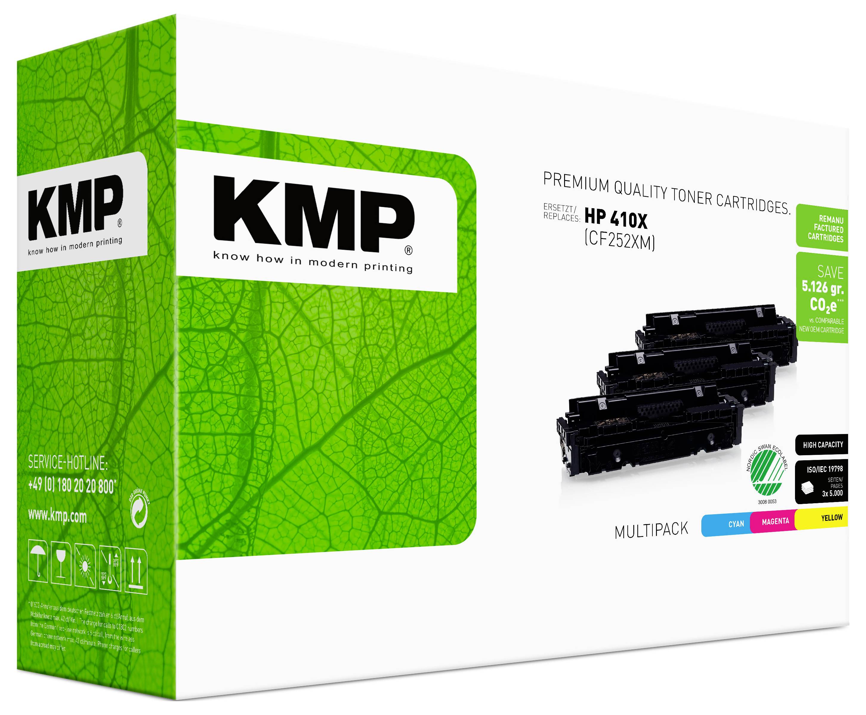 KMP Premium-Qualität Tonerkartusche für HP 410X (CF252XM), mit schwarzen Tonerkartuschen und Magenta-, Cyan-, Gelb-Multipacks Etiketten.