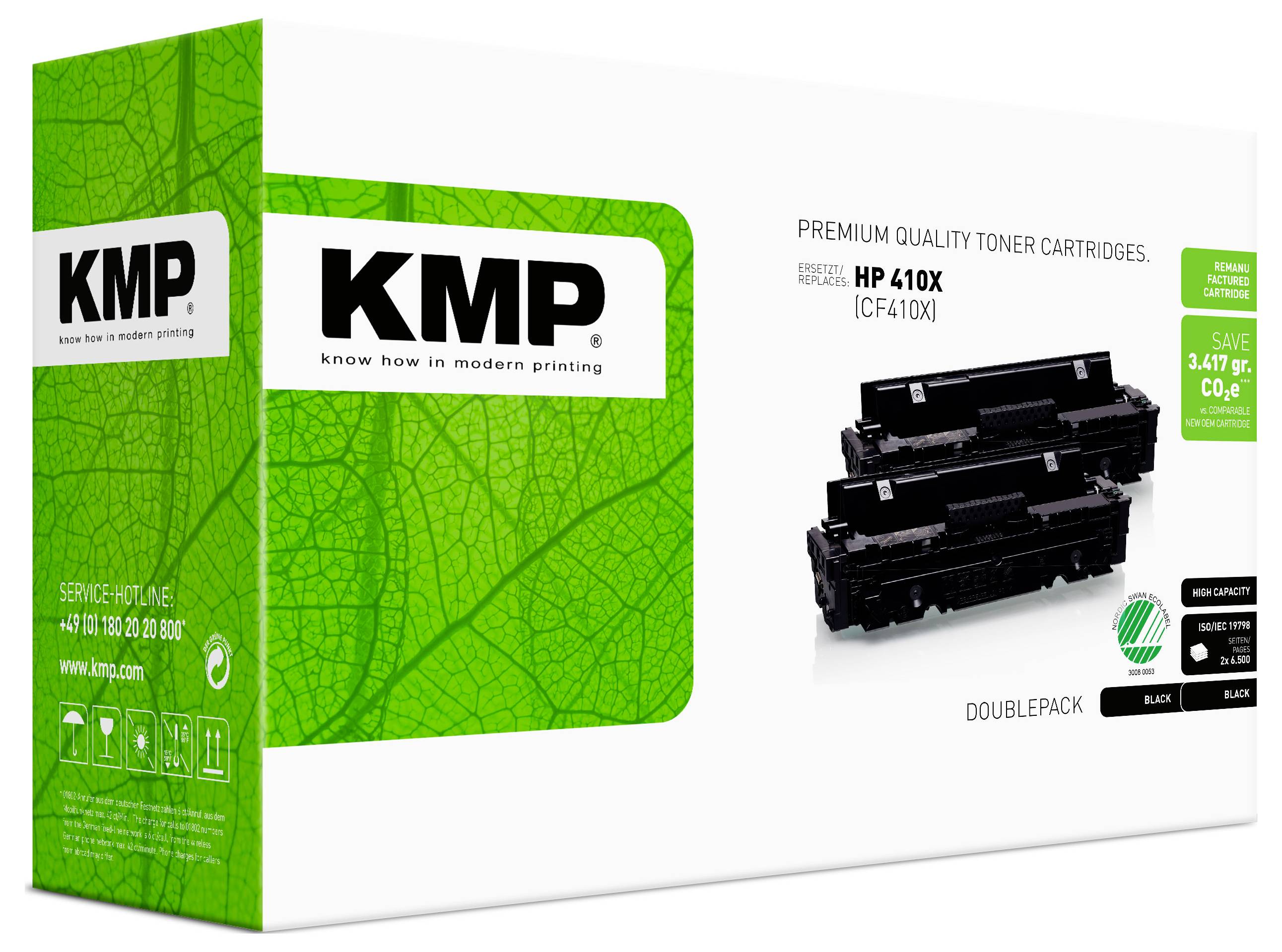KMP Markenbox mit Premium-Tonerpatronen, beschriftet HP 410X (CF410X) Doppelpack für schwarzen Druck.