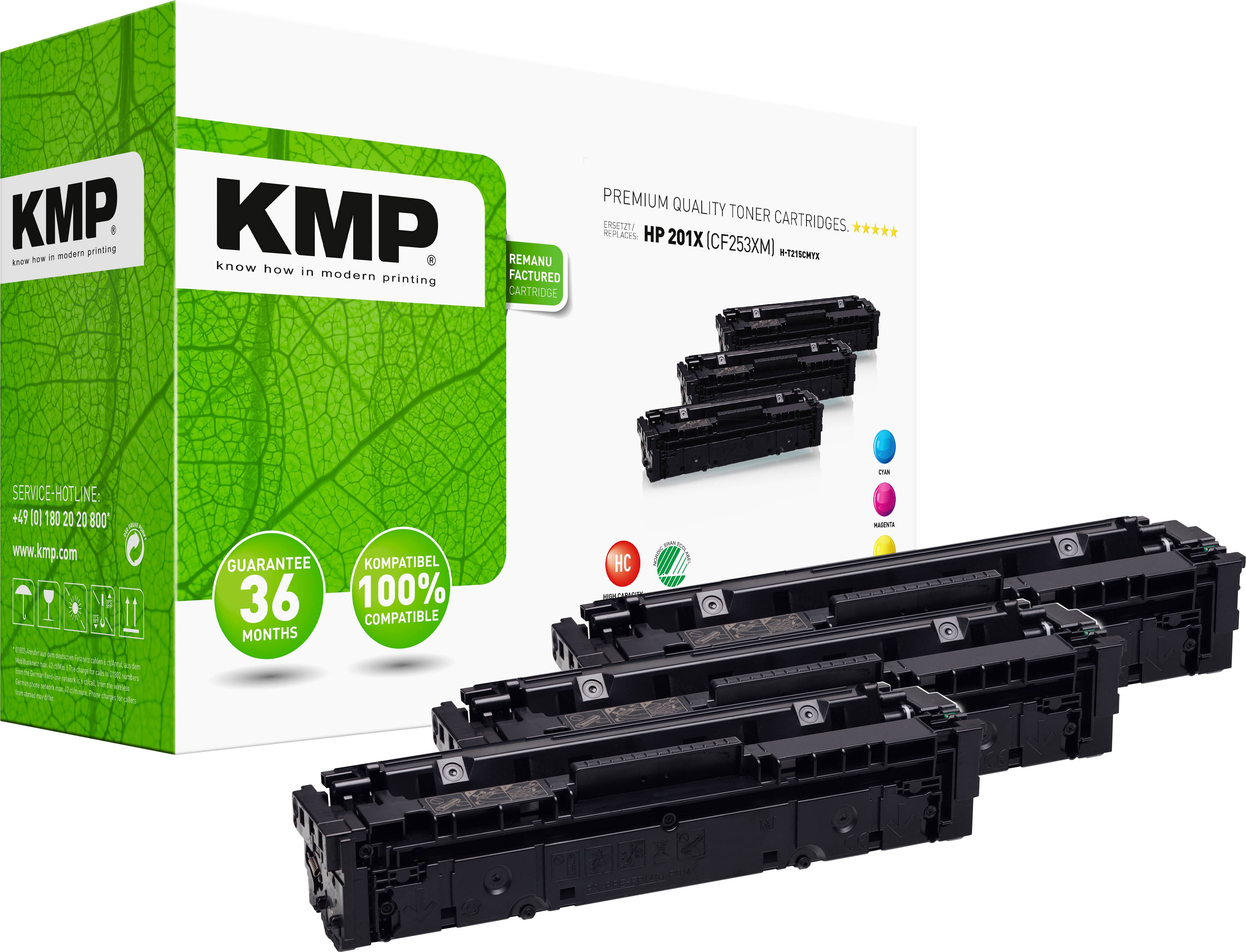Drei schwarze Tonerkartuschen von KMP neben einer Verpackung mit Aufschrift 'Premium Quality Toner Cartridges'. 36 Monate Garantie.