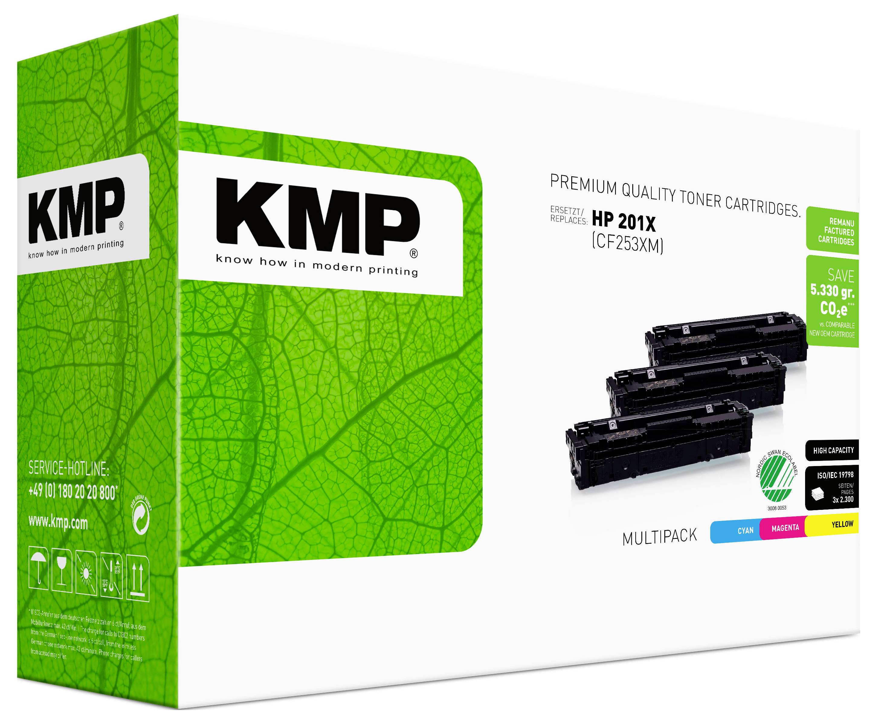 KMP Premium-Qualität Tonerkartuschen Multipack für HP 201X, auf der Verpackung schwarze, cyan-, magenta- und gelbe Kartuschen dargestellt.