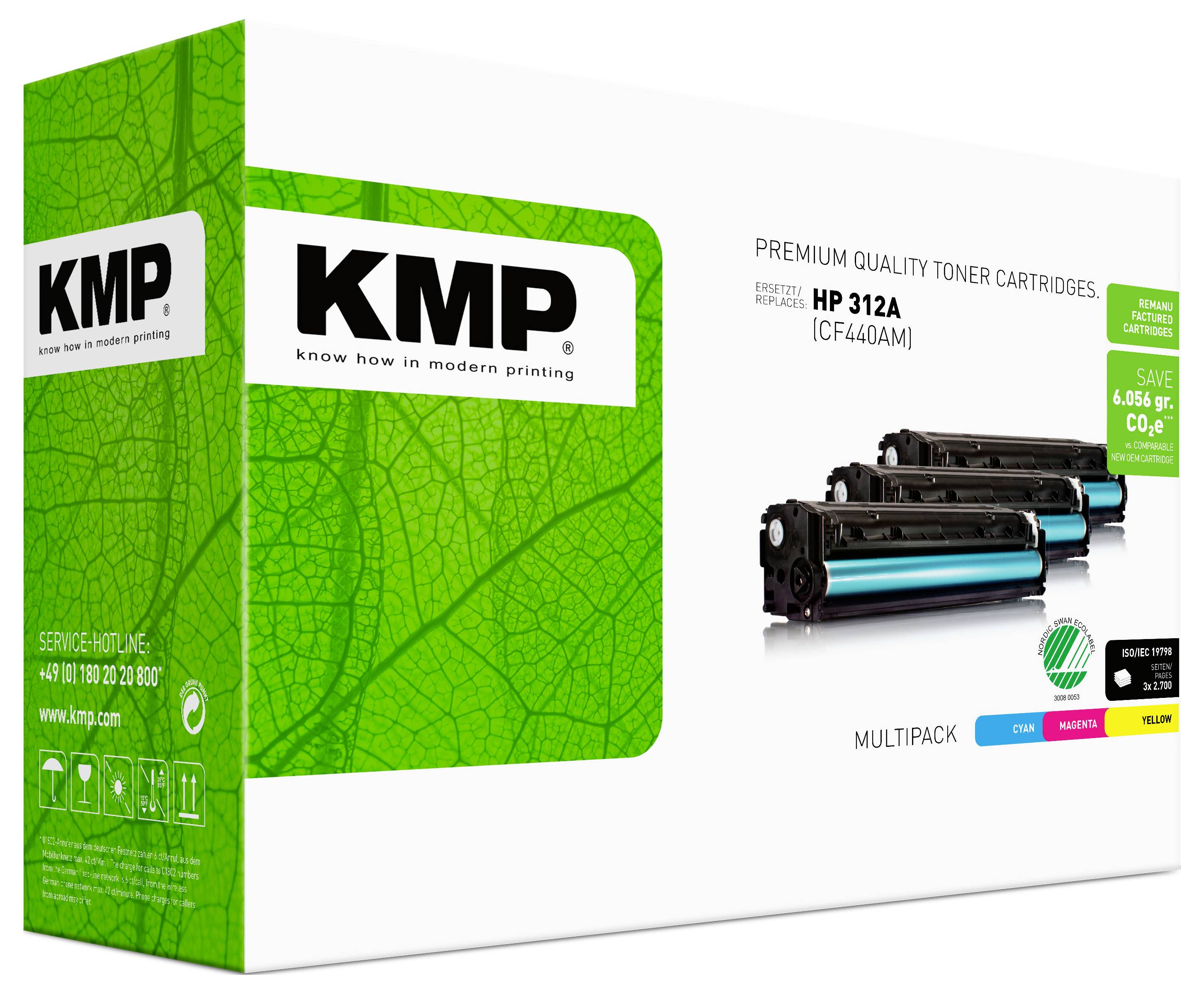 KMP Premium-Qualität Tonerkassette Multipack Verpackung für HP 312A, mit schwarzen Tonerkassetten auf einer weißen Box mit grünem Branding.