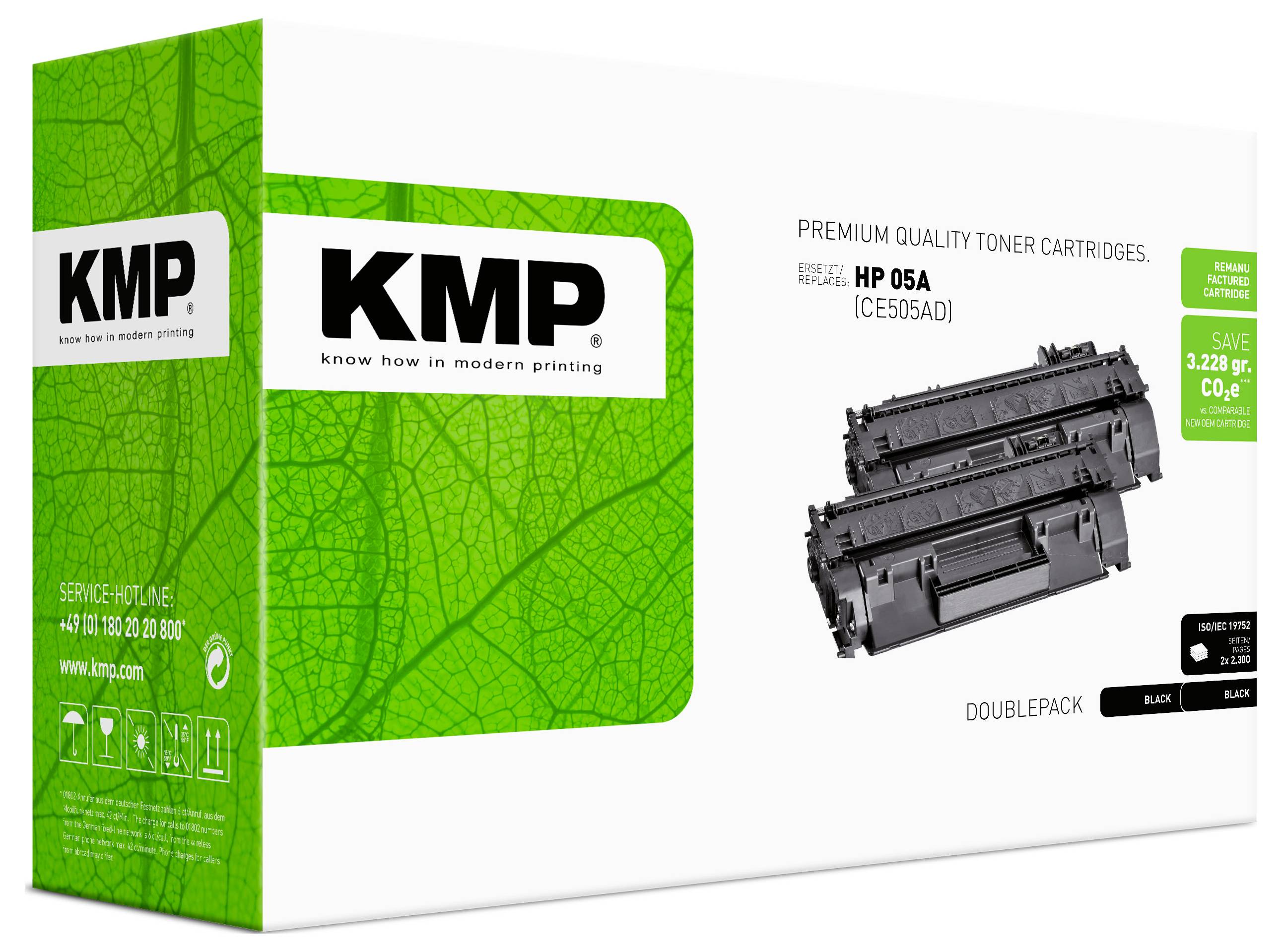 KMP Premium-Qualität Tonerpatrone für HP 05A [CE505AD], zeigt zwei schwarze Laserdruckerpatronen und grüne Verpackung.