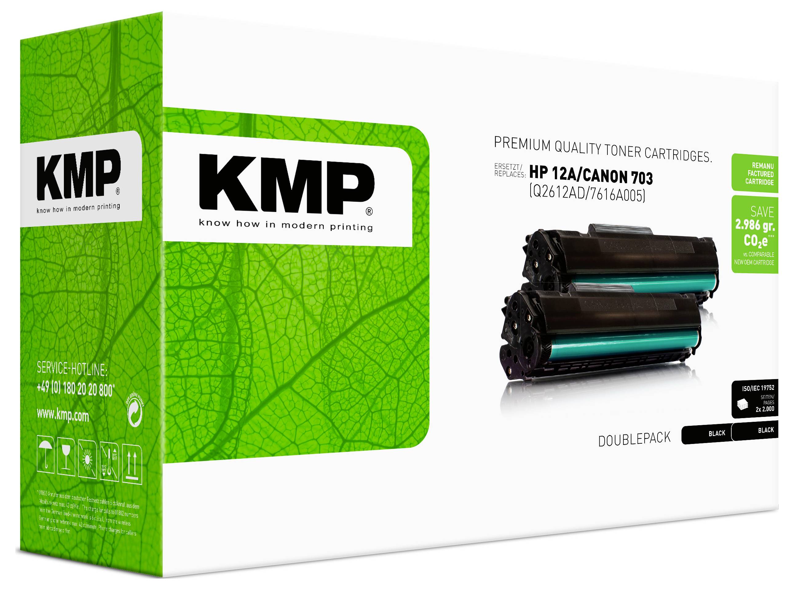 KMP Premium-Qualitäts-Tonerpatronen-Box für HP 12A/Canon 703, mit zwei schwarzen Tonerpatronen und Produktbranding.