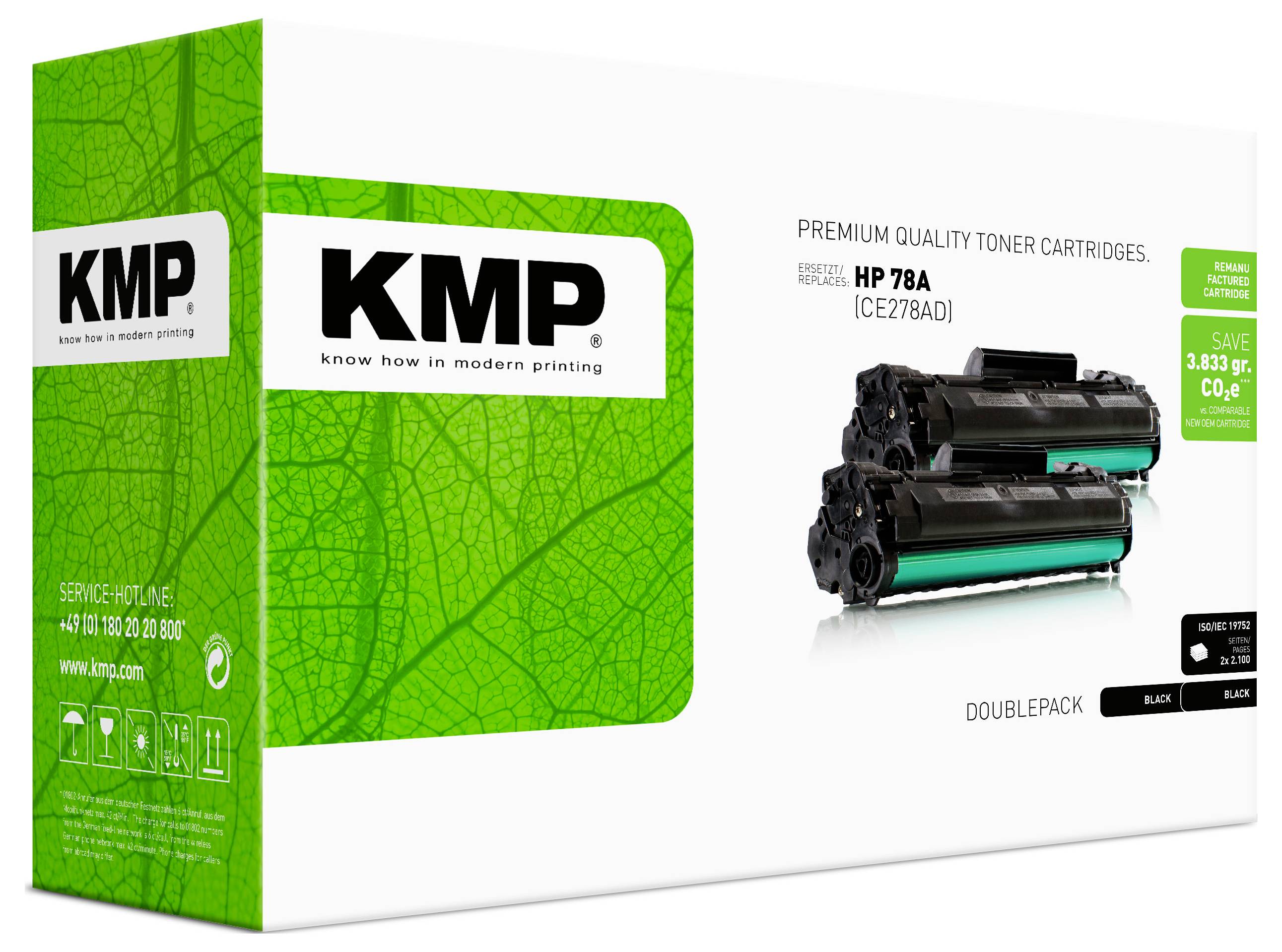 Verpackung für KMP Premium-Qualität Tonerpatronen, zeigt 'HP 78A' Doppelpack mit zwei schwarzen Tonerpatronen.