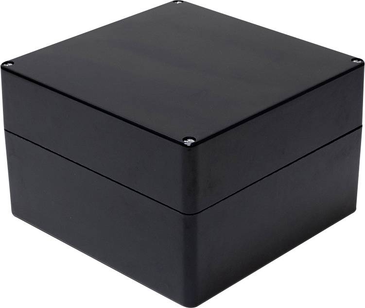 Ein schwarzes, quadratisches Kunststoffgehäuse mit sichtbaren Schrauben an den Ecken. Geeignet für den Schutz elektronischer Komponenten.