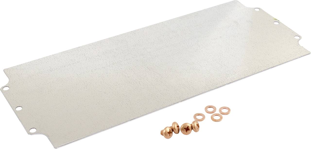 Metallplatte mit sechs Bohrlöchern und vier Kupferschrauben sowie Unterlegscheiben. Geeignet für mechanische oder elektrische Anwendungen.