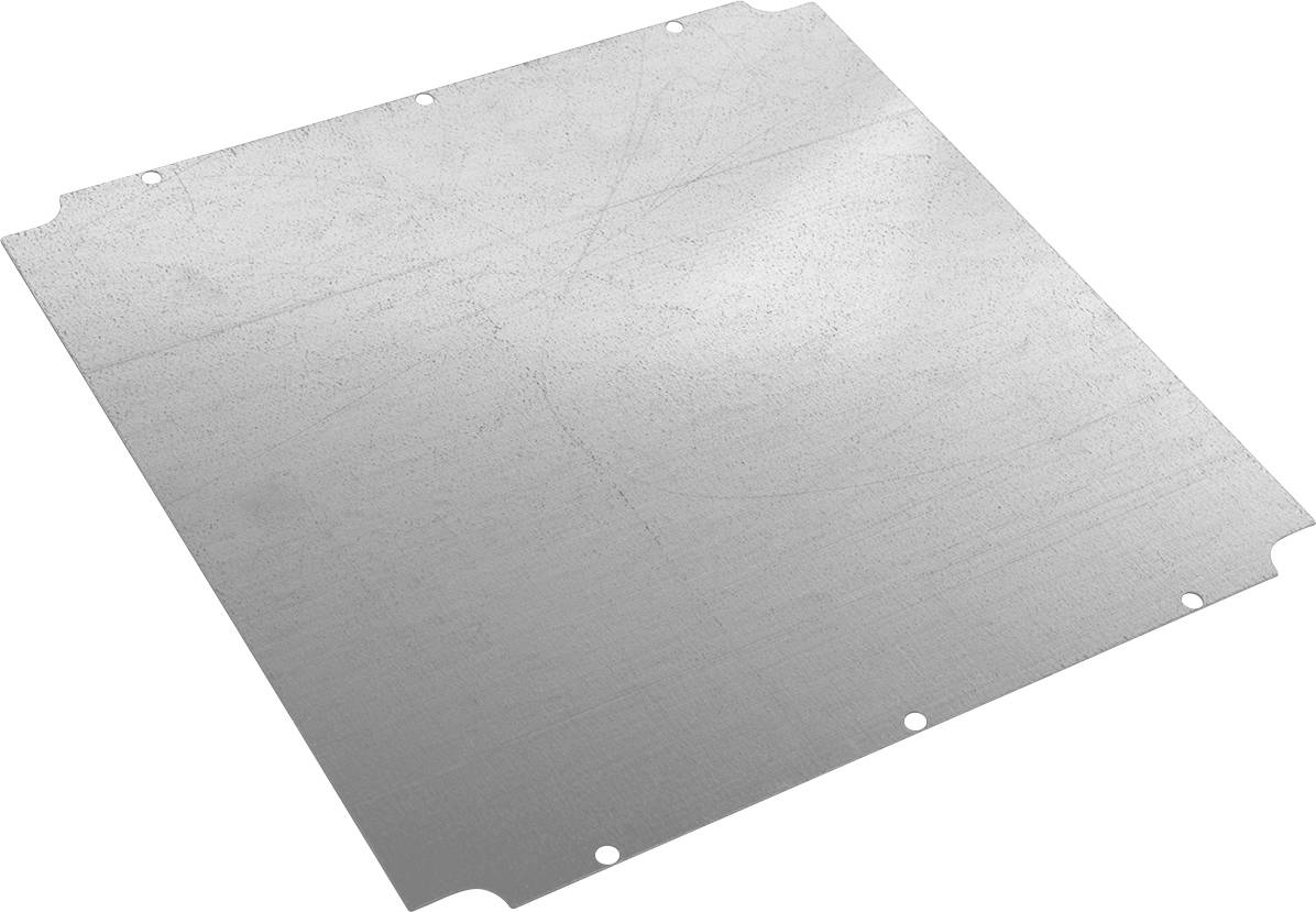 Metallplatte mit mehreren Bohrlöchern am Rand, flach und silbern, auf einer weißen Oberfläche liegend.