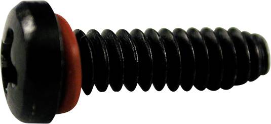 Schwarze Schraube mit rotem Gummiring, Kreuzschlitz, Gewinde in Seitensicht.