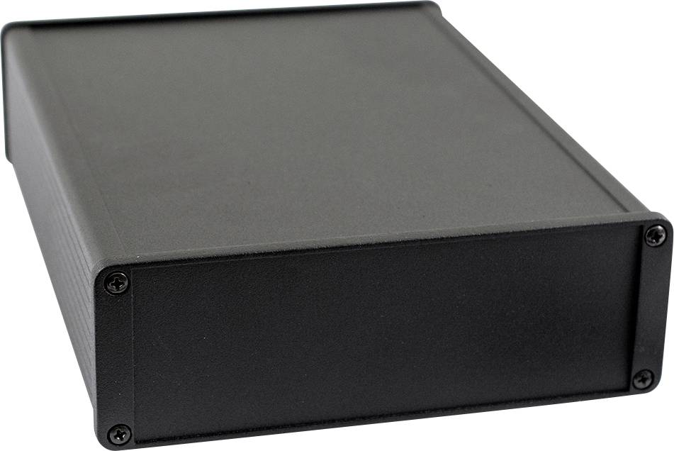 Ein schwarzes, rechteckiges Gehäuse aus Metall, möglicherweise ein Gehäuse für elektronische Geräte, liegt auf einer ebenen Fläche.