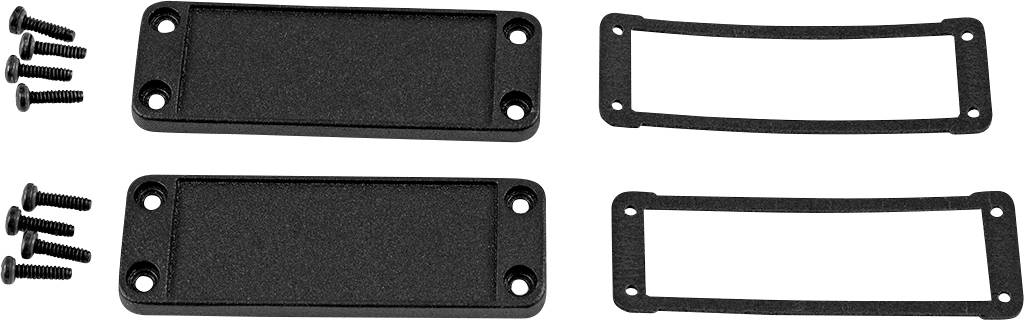 Zwei schwarze Gitarren-Pickup-Rahmen mit acht Schrauben und passenden Abdeckungen, zur Montage von Gitarren-Pickups.