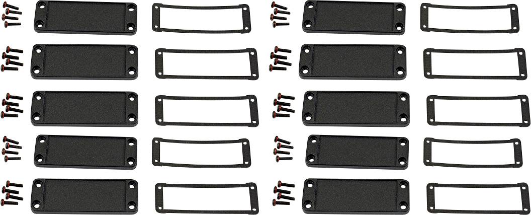 Mehrere schwarze flache Platten mit Schrauben und rechteckigen Ringen, gleichmäßig angeordnet in drei Reihen.