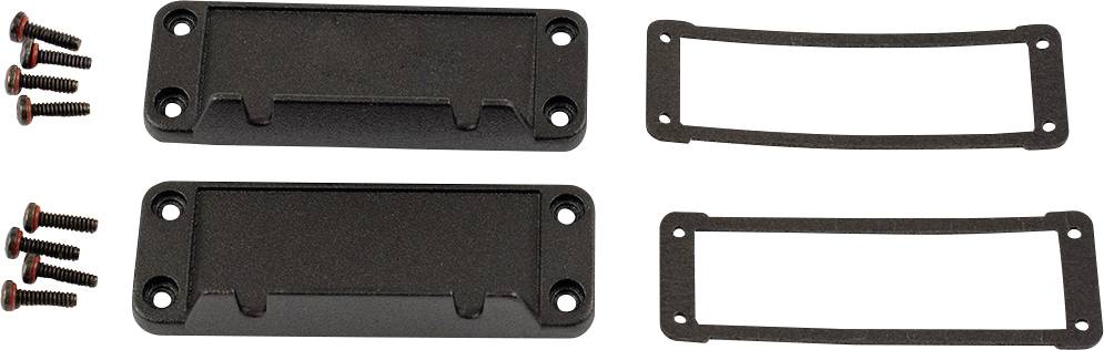 Schwarze Gitarren-Pickup-Abdeckungen und Schrauben, bereit zur Montage. Set umfasst zwei Abdeckungen, zwei Dichtungen und acht Schrauben.