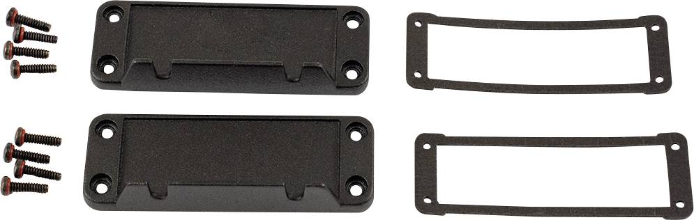 Zwei schwarze Gitarren-Pickuprahmen mit Schrauben und Gummidichtungen, zur Montage auf einer Gitarre.