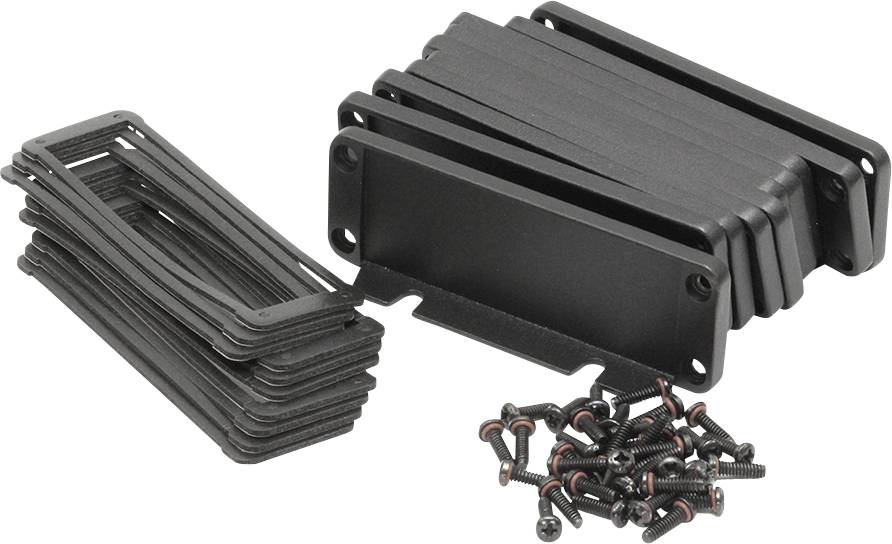 Schwarze Pickup-Abdeckungen und Schrauben, die für Gitarrenreparaturen oder -anpassungen verwendet werden. Stapel mit Dichtungen und Schrauben sichtbar.