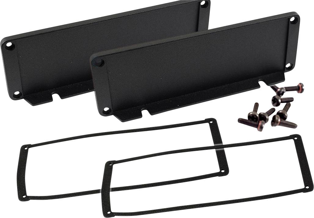 Zwei schwarze Metallplatten mit acht dazugehörigen Schrauben und zwei Dichtungen für die Installation.