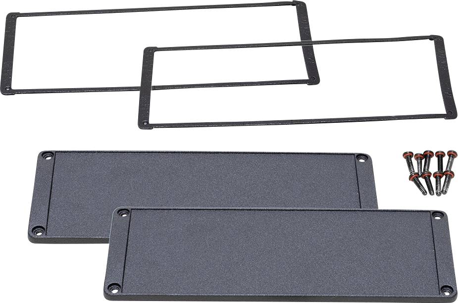 Zwei rechteckige Metallplatten mit Löchern an den Ecken, zwei rechteckige Dichtungen und eine Gruppe von Schrauben mit roten Köpfen.