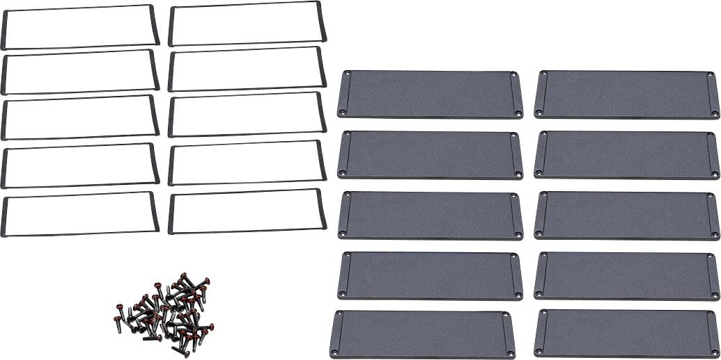 Schwarze Metallplatten in zwei Stapeln, jeder mit Schlitzen. Daneben ein Haufen Schrauben. Komponenten zur mechanischen Befestigung.