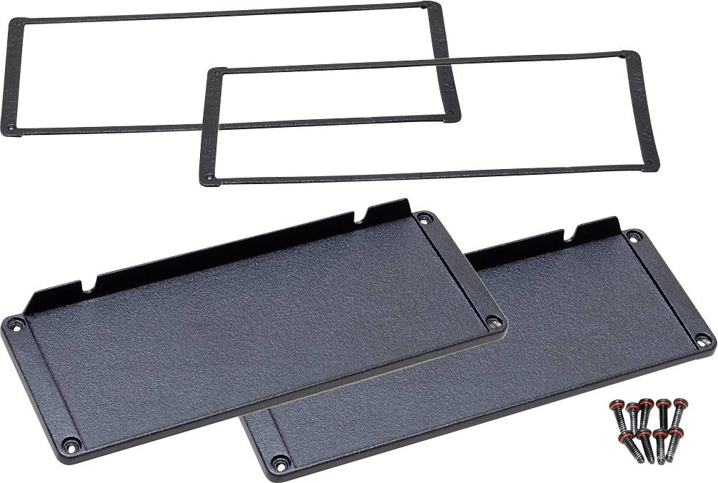 Rechteckige schwarze Abdeckbleche mit Schrauben und Dichtungen, die als Montageset gezeigt werden. Ideal für Abdeckanwendungen.