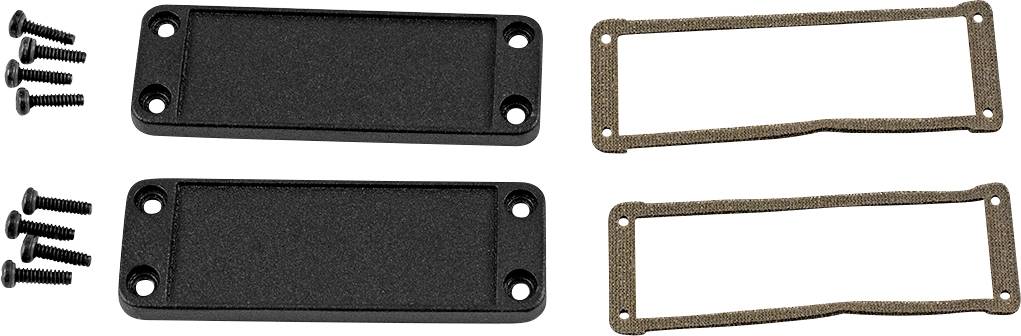 Zwei schwarze Metallplatten mit Bohrungen und dazugehörige Schrauben, daneben zwei braune Dichtungen, wahrscheinlich für Abdeckungen.