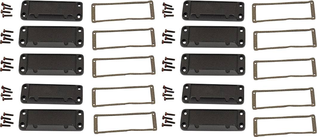 Ein Dutzend schwarze Abdeckplatten mit Schrauben und Dichtungen, organisiert in drei Reihen.